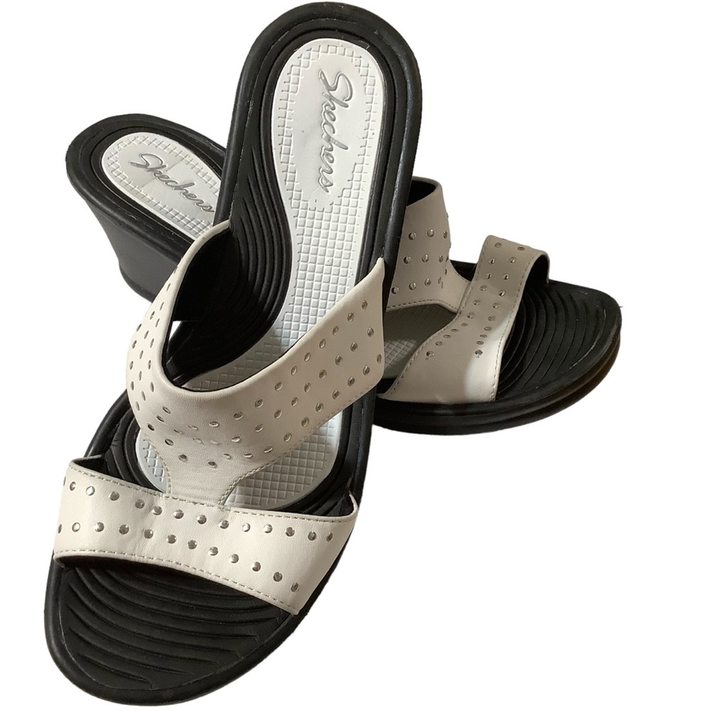 Skechers Women's White and Black Slip-On Wedge Sandals